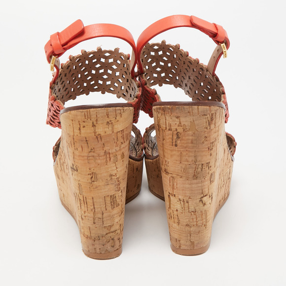 Tory Burch Orange Perforated Leather Daisy Cork Wedge Sandals Size 37 - Picture 4 of 8